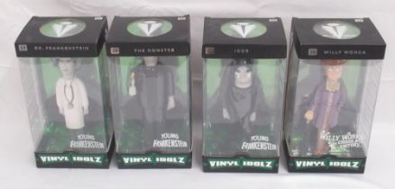 Vinyl Idolz Nos. 27 Dr. Frankenstein, 28 The Monster, 29 Igor and 38 Willy Wonka, all boxes are in