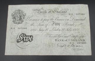 £5 (white) Bank of England Note, S15 027260, 27th July 1950, P S Beale chief cashier