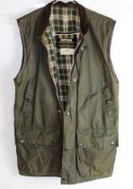 Barbour waxed olive green unisex gilet, cotton tartan lining, size medium