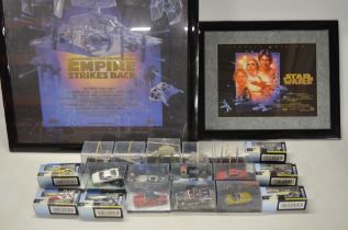 Mixed lot to include Star Wars models and framed posters, 7x Eagle Moss James bond cars and 6x