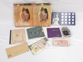 Collection of c20th GB coins, bank notes and stamps, stamps loose and in 2 albums & 2 folders