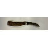 Vintage pruning knife with antler handle by Synop of Sheffield, Blade length 7.5cm, overall length