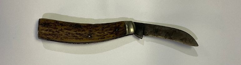 Vintage pruning knife with antler handle by Synop of Sheffield, Blade length 7.5cm, overall length