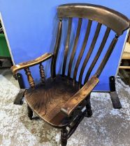 Early C20th ash and elm slat back Windsor chair, seat stamped W.O. on turned supports with twin