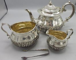 Victorian silver matched three piece tea service, teapot, twin handled sugar bowl and milk jug, part