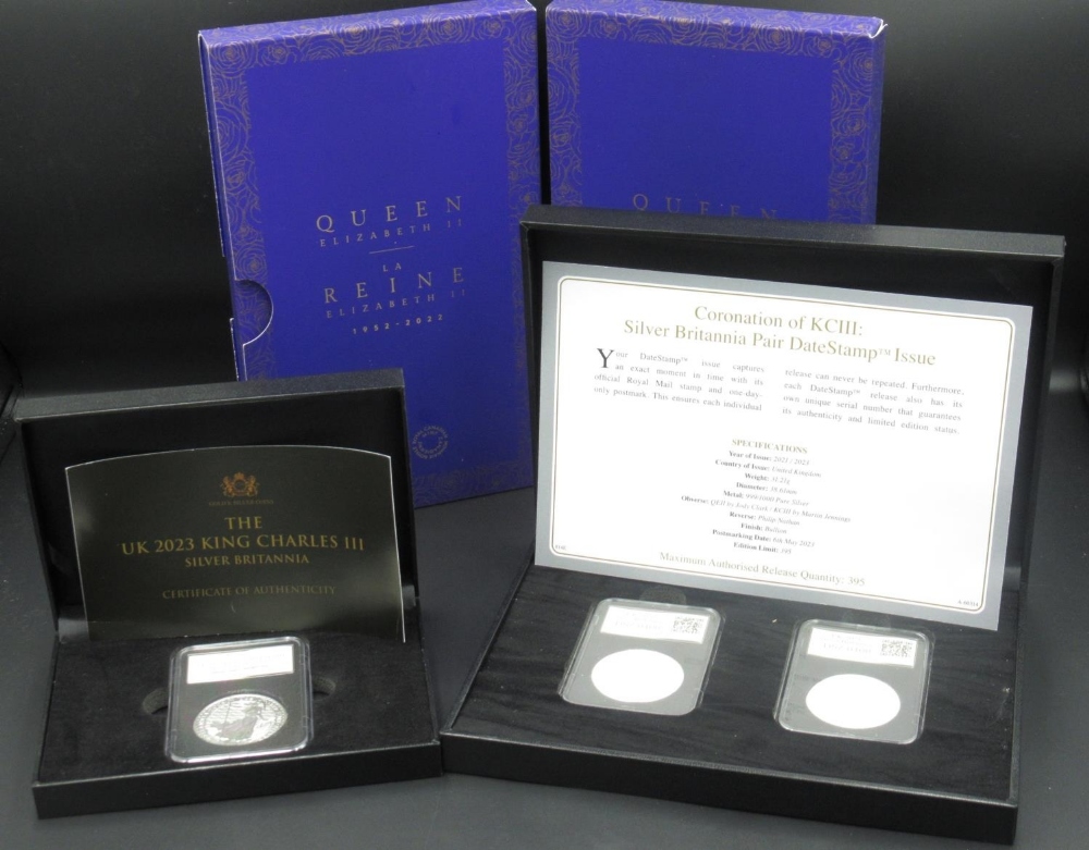 Two Royal Canadian Mint Queen Elizabeth II 1952-2022 fine silver three-coin sets, both cased in