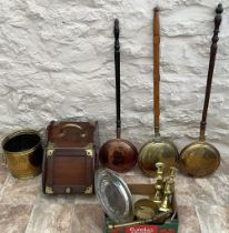 Victorian wooden coal box with brass mounts and handle, and a collection of mixed metalware incl.