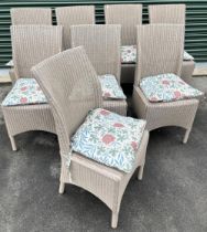 Set of eight Baker Loom woven fibre chairs, green finish with brass makers plaque (8)