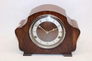 1930's Bentima/Pervale walnut chiming mantel clock, chrome plated bezel enclosing silvered Arabic