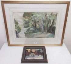 English School (C20th); Wooded river landscape, watercolour heightened with white, indistinctly