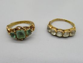 Victorian 18ct yellow gold ring set with green stones, size M, another 18ct yellow gold ring set