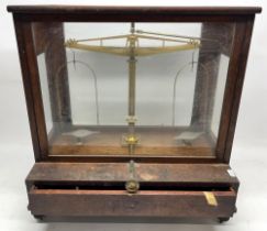 L. Oertling, London - early C20th brass and mahogany cased chemical balance with drawer to base, no.