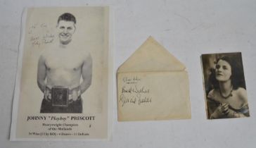 Gracie Fields signed photo and envelope (2 signatures) and a signed Johnny 'Playboy' Prescott page