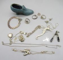 Silver jewellery including a bar gate bracelet with heart padlock clasp, a silver seahorse pendant