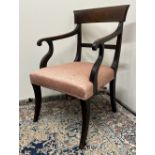 Regency inlaid mahogany elbow chair, with reeded frame and stuffer over seat on sabre legs