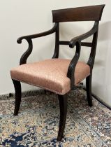 Regency inlaid mahogany elbow chair, with reeded frame and stuffer over seat on sabre legs