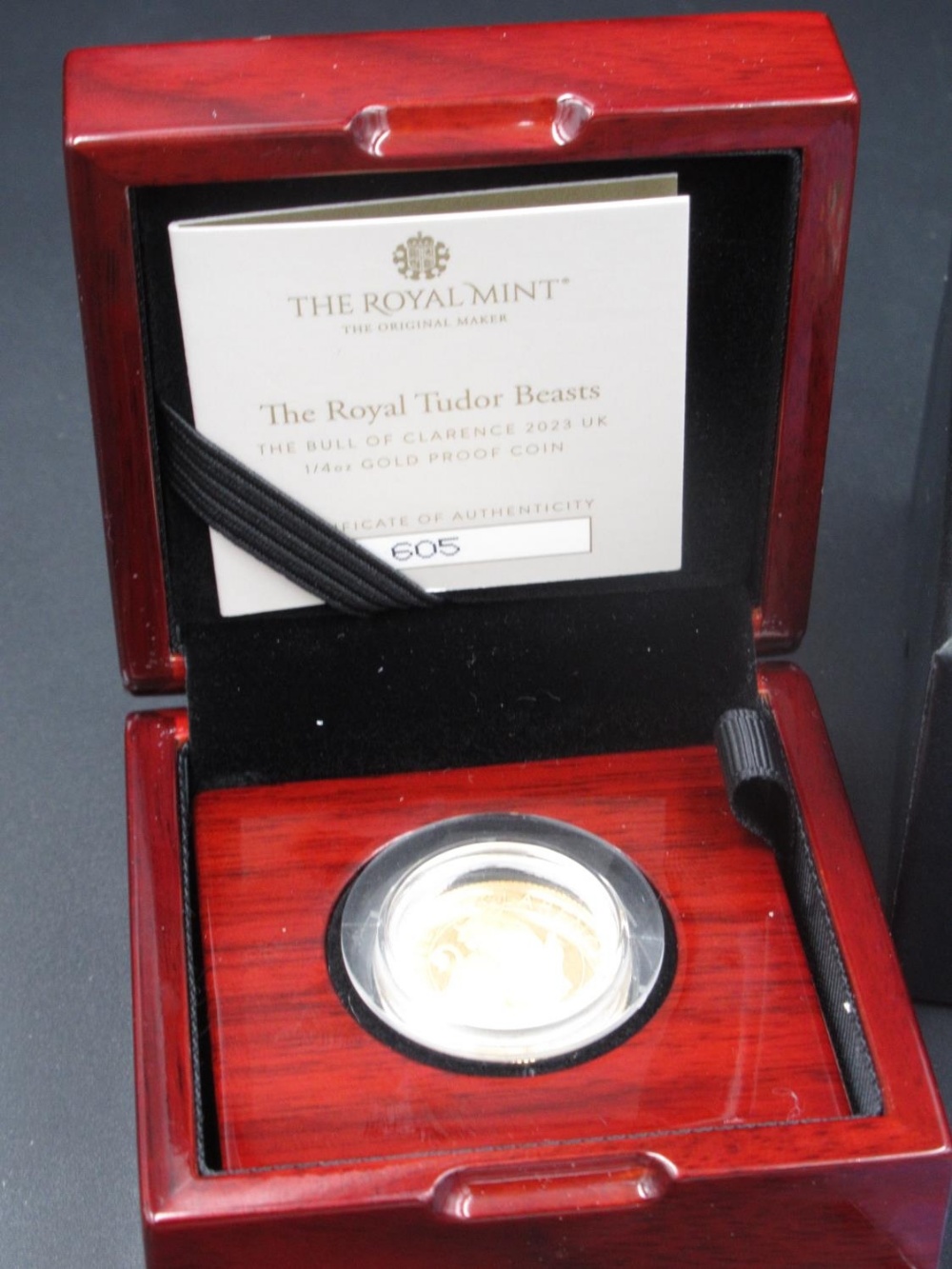 The Royal Mint cased The Royal Tudor Beasts, The Bull of Clarence £25 1/4oz Gold Proof Coin, - Image 2 of 3