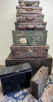 Collection of vintage luggage, incl. three trunks, leather suitcases, etc. (9)