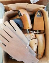 Three heavy duty sash clamps and a box of vintage shoe stretchers