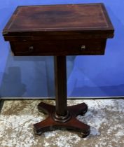 William 1V boxwood strung rosewood pedestal games table, swivel folding top inlaid for chess and