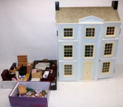 Modern three-storey six-room dolls house, and a collection of dolls and dolls house furniture (qty)