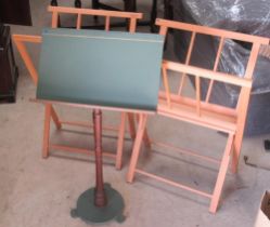 Mabef beech folding folio stand, another similar and a painted music stand, (3)