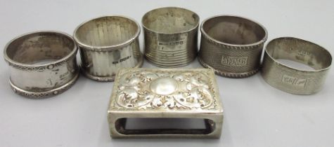 20th century hallmarked silver napkin rings with various makers and dates, a Victorian matchbox