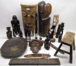 Collection of wooden items, incl. a Japanese carved softwood tray, stool, African tribal style