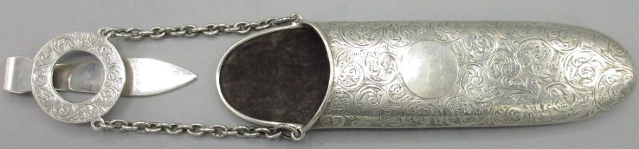 Victorian hallmarked silver spectacle case with chatelaine clip, the body engraved with scroll