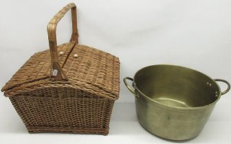 Large brass jam pan with twin handles, D34cm, and a wicker picnic basket, H45cm (2)