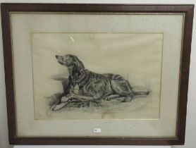 English School (Later C19th); Study of a recumbant Hound, after Landseer monochrome drawing,