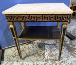 Regency Revival lamp table, marble top with Greek key frieze on square tapered supports, W53cm D33cm