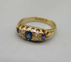 18ct yellow gold sapphire and diamond ring, stamped 18ct, size O, 3.6g