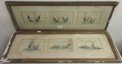 English School (Later C19th); Cock Fighting, set of six watercolours framed as two, signed with