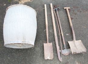 Two galvanized dolly tubs and tools