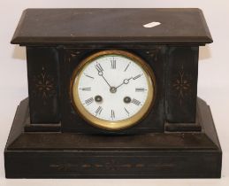 French C19th slate mantel clock, white enamel Roman dial, two train rack striking movement on a bell