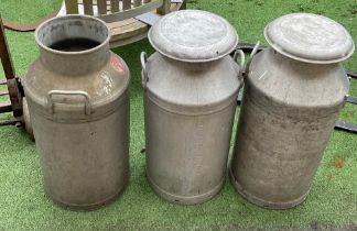 Three galvanised milk churns. One missing a lid (3)