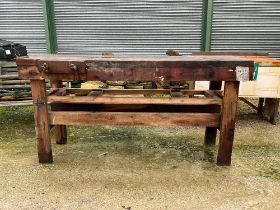 A large wooden work bench with wooden vice, Length 193 x 56, height 97cm