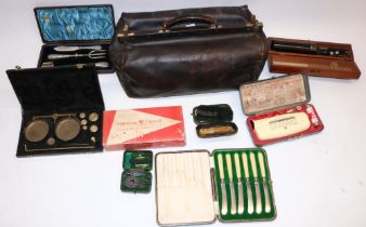 Collection of optical instruments, EPNS cutlery, and an early C20th doctor's bag (qty)