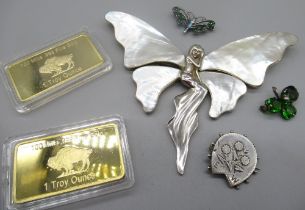 Silver fairy brooch set with mother of pearl wings, stamped 925, W12.5cm, a Victorian hallmarked