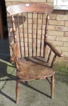 Victorian ash and elm kitchen stick back Windsor type arm chair, on turned supports with stretchers