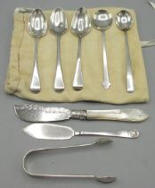 Hallmarked silver flatware incl. teaspoons, preserve knife, sugar tongs etc, various makers and
