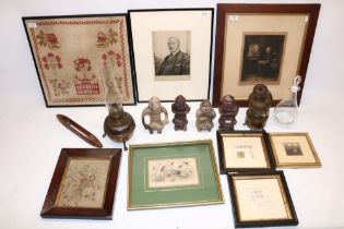 Various collectables incl. carved soapstone figures, H20cm; oil lantern; wooden weaving shuttle