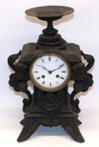 Early C20th French patinated spelter mantel clock, white enamel roman dial, two train count wheel