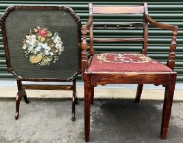 C19th mahogany open elbow chair, on square tapered supports with woolwork drop-in seat, a folding