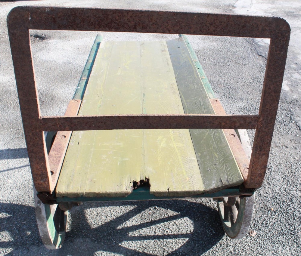 C20th heavy duty luggage porters trolley, with leaf spring suspension and coopered wheels, L196cm - Image 2 of 3