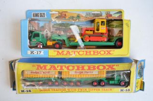 Two vintage boxed Matchbox diecast model trucks to include K-16 Dodge tractor with twin tipper train