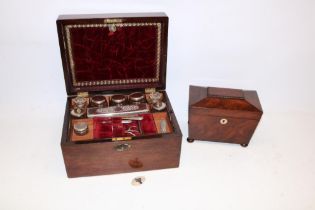 C19th mahogany fitted travelling vanity box with fitted interior, L30cm; and a mahogany