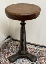 Singer industrial machinist's stool, circular leather seat on cast iron base, moulded 'Singer' to