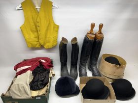 Vintage riding clothing incl. jockey silks, jodhpurs, hunting stocks, riding hat, black bowler
